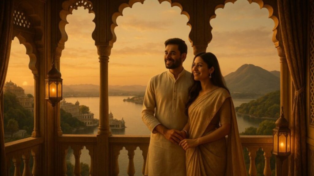 Udaipur Mount Abu Romantic Tour by Saar Holidays – A couple dressed in traditional Indian attire enjoys a serene sunset view from a beautifully carved palace balcony overlooking Lake Pichola and the Aravalli mountains, with glowing lanterns adding to the romantic ambiance.