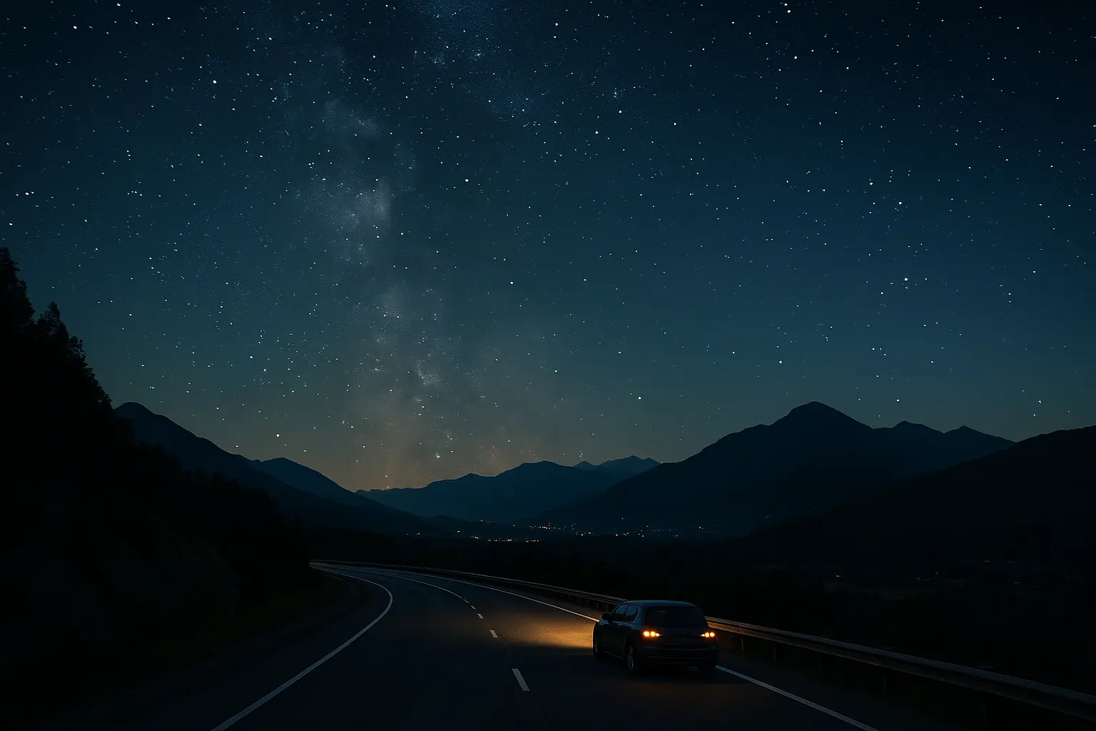Night travel road trip on a mountain highway with car headlights glowing under a stunning star-filled sky.