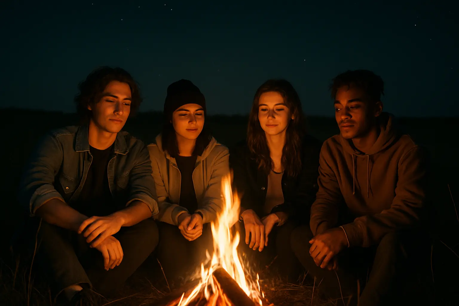 Night travel bonfire gathering with friends enjoying warmth, companionship, and stories under the starlit sky.