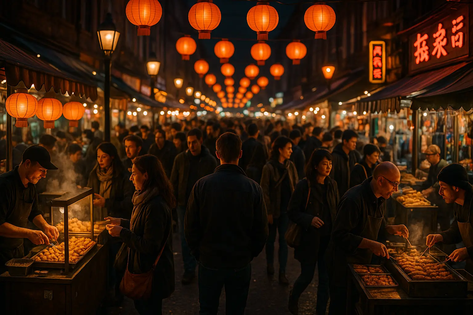 Night travel street food experience in a vibrant market with glowing lanterns, bustling vendors, and travelers tasting local flavors.