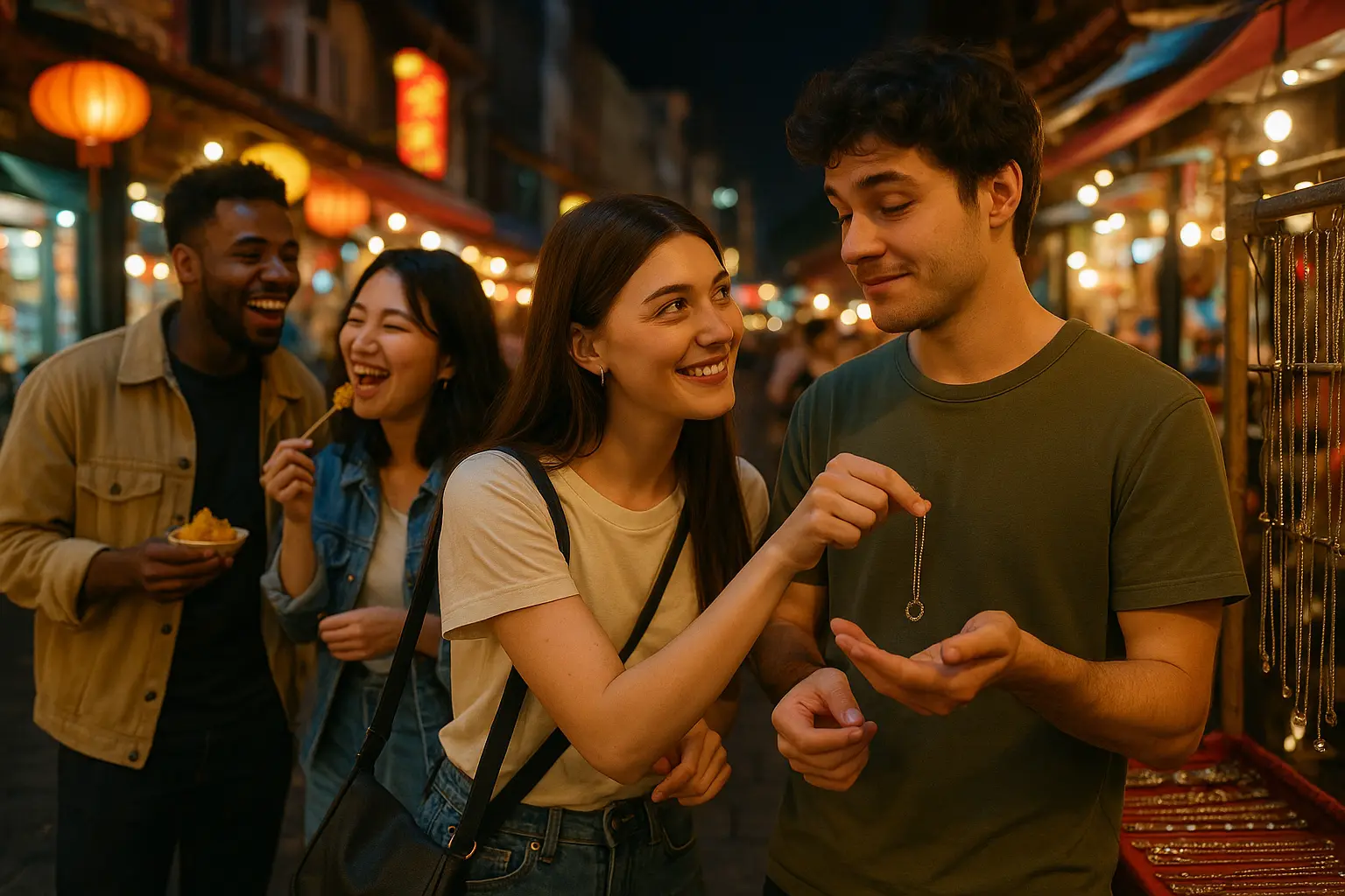 Night travel market adventure with friends exploring jewelry stalls and enjoying food under lantern lights.