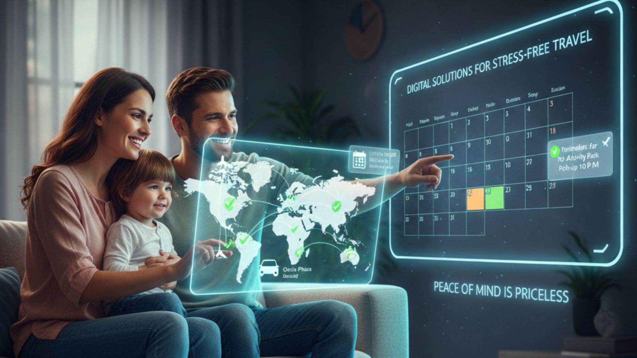 Tech Makes Trip Planning Easy: A happy family (a smiling mother, father, and young child) sits comfortably on a sofa, looking at a futuristic, glowing holographic display floating in front of them. The father points to a digital calendar interface showing confirmed travel dates and a world map with highlighted travel destinations, indicating seamless trip planning. Text on the display reads "DIGITAL SOLUTIONS FOR STRESS-FREE TRAVEL" and "PEACE OF MIND IS PRICELESS." This image illustrates how Saar Holidays empowers families with digital solutions for stress-free trip booking and ensures all reservations are safe and confirmed.