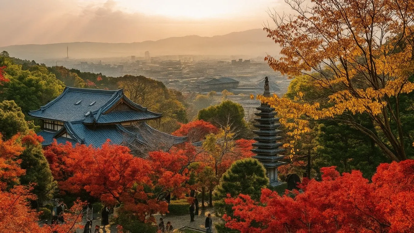 Best Calmcation Destinations: A breathtaking autumnal view of a traditional Japanese temple and pagoda nestled amongst vibrant red and orange trees, overlooking a city skyline at sunset. Saar Holidays.