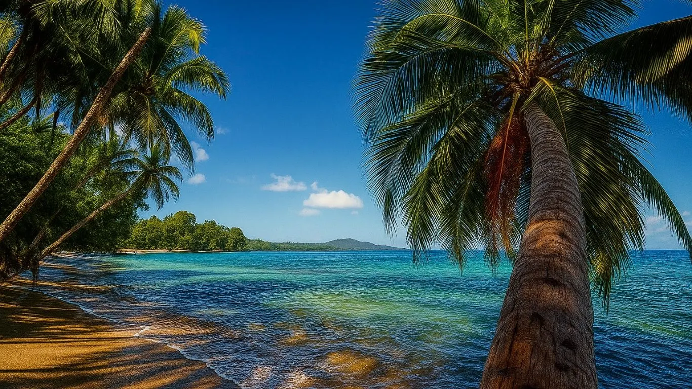 Best Calmcation Destinations: A serene tropical beach with golden sand, clear turquoise waters, and leaning palm trees under a bright blue sky. Saar Holidays.