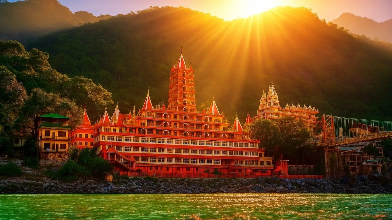 Best Calmcation Destinations: A magnificent orange temple complex bathed in golden sunlight, situated on the banks of a green river with lush mountains in the background, in Rishikesh, India. Saar Holidays.