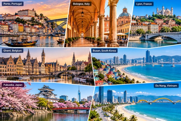Second-City Travel Destinations featuring Porto, Bologna, Lyon, Ghent, Busan, Fukuoka and Da Nang scenic travel views