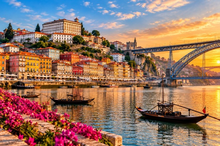 Second-City Travel Destinations featuring Porto, Portugal with Douro River, Dom Luís I Bridge and colorful historic riverside buildings
