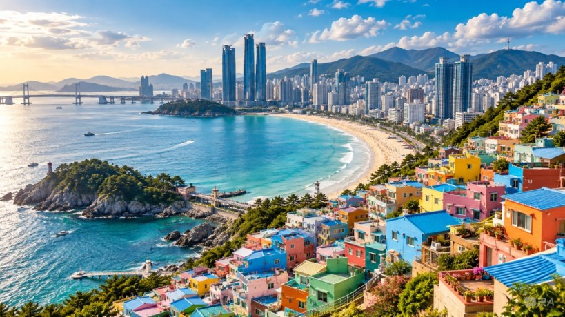 Second-City Travel Destinations featuring Busan, South Korea with colorful hillside homes, scenic coastline, beach and modern city skyline
